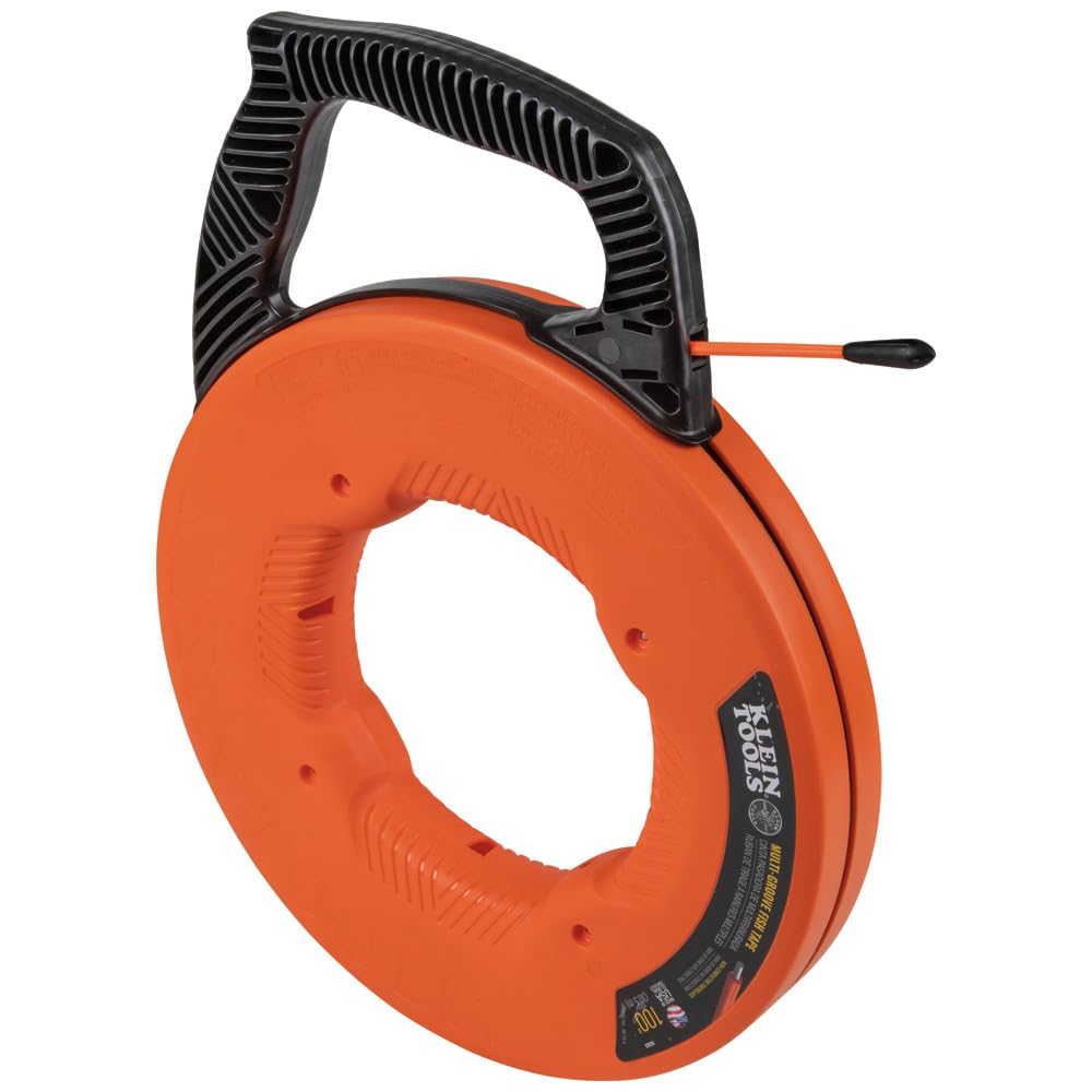 KLEIN TOOLS 56382 Fish Tape, Multi-Groove Fiberglass Wire Puller with Nylon Tip, Optimized Housing and Handle,Orange/Black, 15 m