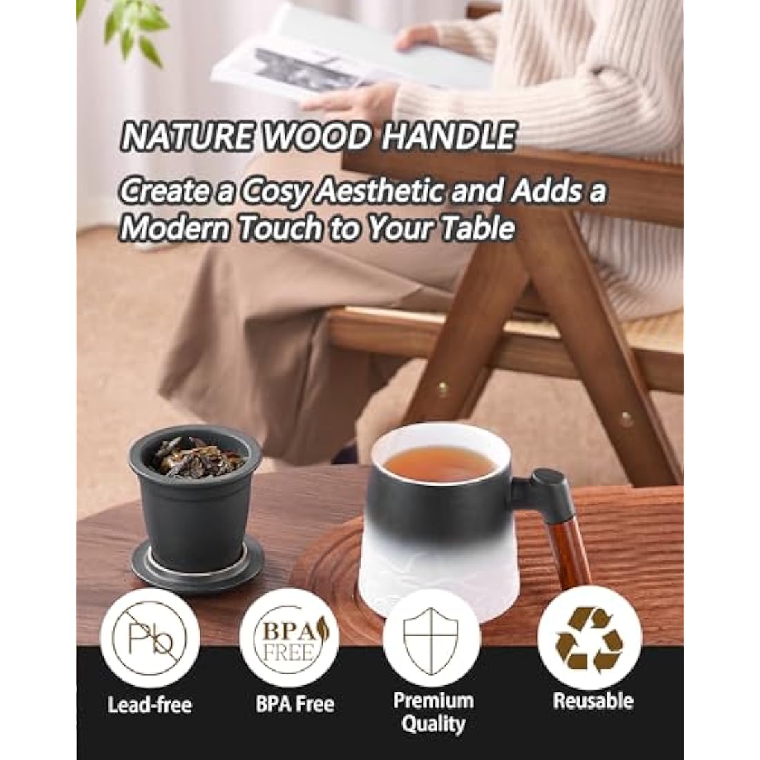 ZENS Tea Mug With Infuser and Lid, 500ML Embossed Ceramic Loose Leaf Cup With Fine Strainers for Diffusers, Wood Handle Infuser Mug for Steeper, Accessories for Women, Gifts for Tea Lovers
