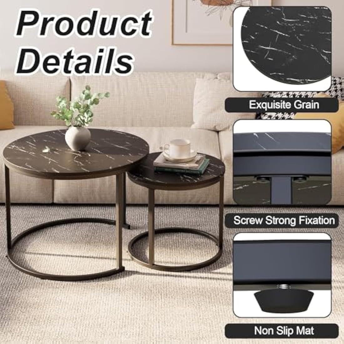 Huhote Round Coffee Tables, Set of 2 End Table, Nesting Tables, Side Table with Metal Frame for Living Room/Bedroom/Balcony/Office/Apartment, Diameter 23.6/15.7 IN (Black Frame, Black Marble Top)