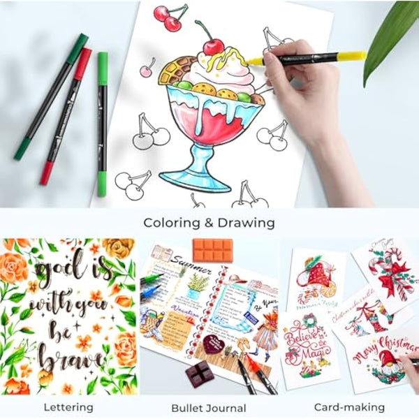 Ohuhu Colouring Pens 100 Colours, Dual Tip Brush Pens Felt Tip Pens, Art Markers with Fineliner, for Kids Adults Colouring Book Drawing Calligraphy Sketching Journal, Maui - Carrying Bag
