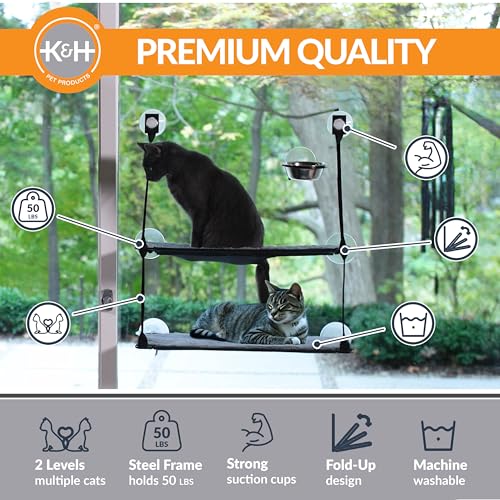 K&H Pet Products EZ Mount Window Kitty Sill Double Stack, 2 Levels, with Suction Cup Mounting System, Holds Over 22kg, 30.48cm x 58.42cm, Grey