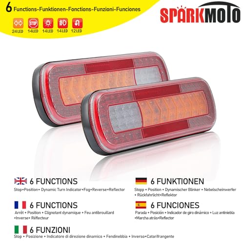 SPARKMOTO 2 x Multifunctional Led Trailer Lights 12V 24V Universal,Waterproof Trailer Tail lamps,LED Trailer Rear Lights for Truck Lorry Vans Caravan