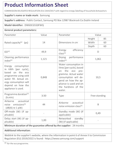 Samsung Dishwasher, Freestanding, With Auto Door, 14 Place Setting, Series 7, White, DW60CG550FWQEU