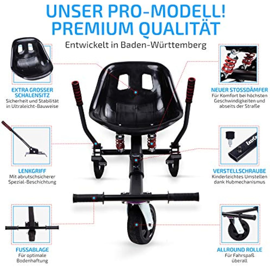 EasyCruiser PRO - Premium Hoverboard Seat - Hoverboard with Seat Suitable for 98% of all Hoverboards 6.5-10 Inch - German Quality Brand - Hoverkarts - Hovercart