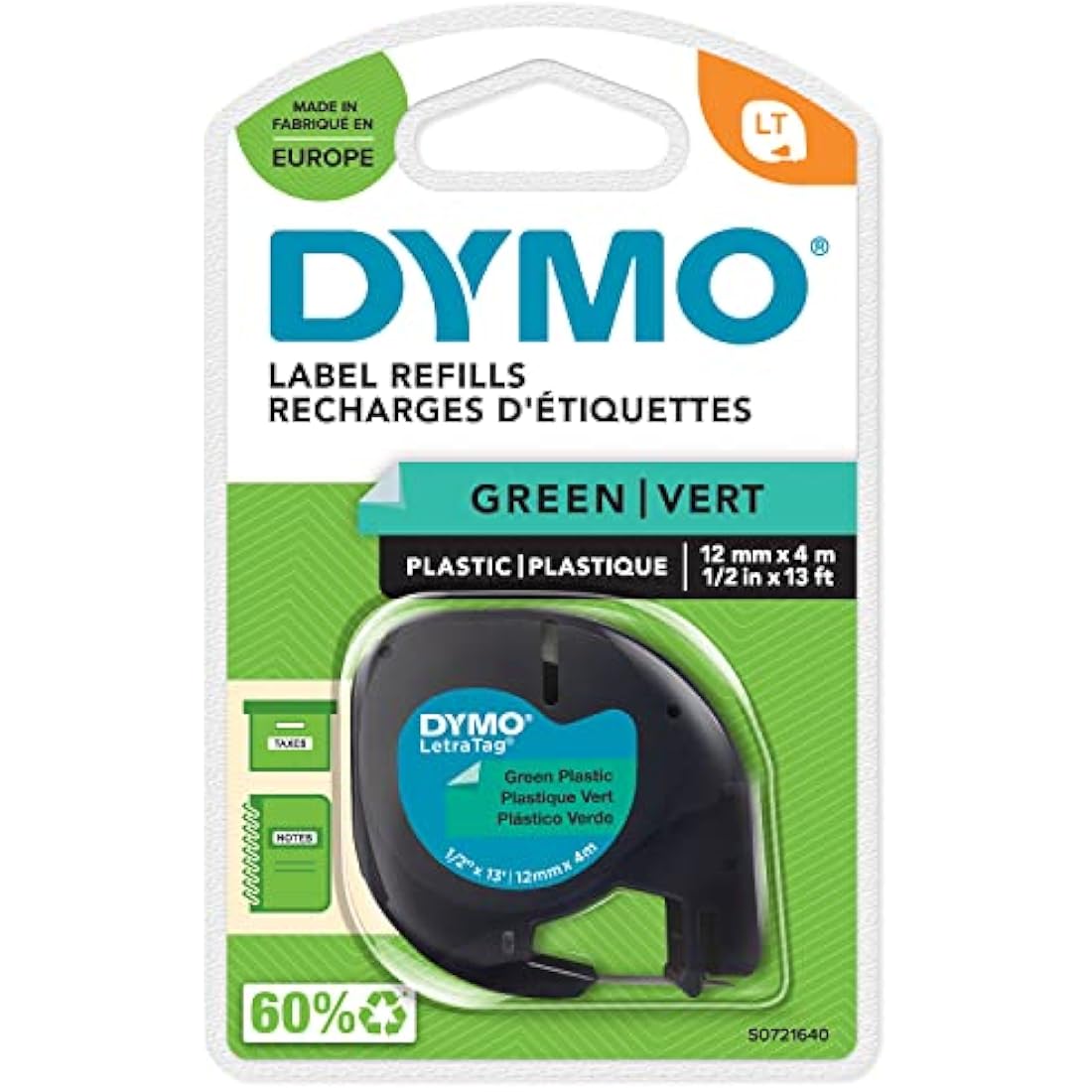 DYMO Branded LetraTag Plastic Labels | 12 mm x 4 m Roll | Black Print on Green Labels | Multipurpose, Self-Adhesive Labels for LetraTag Label Makers