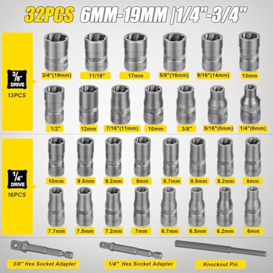 32Pcs Bolt Extractor Set, Extended Version Impact Bolt & Nut Remover Set with Hex Adapter, Stripped Bolt Remover Tool Kit for Removing Damaged, Frozen, Rusted, Rounded-Off Bolts, Nuts & Screws