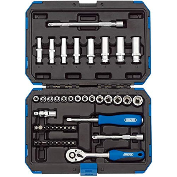 Draper 1/4" 47 Piece Square Drive Metric Socket Set | Micrometre Reversible Hand Tool |Soft Grip Ratchet | 21 Metrics Sockets Mechanics Car Tools | Professional Plastic Storage Case | 16355