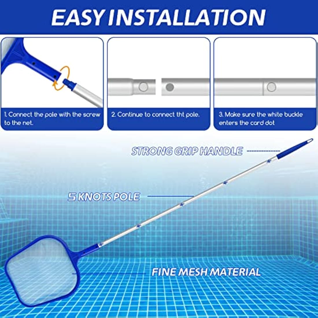 Jsdoin Swimming Pool Skimmer Net, Adjustable 5 Connecting 48Inch Aluminium Telescopic Pole, Pond Nets for Cleaning, Fine Mesh Leaf Skimmer Netting for Garden Pond Hot Tub Net, Blue
