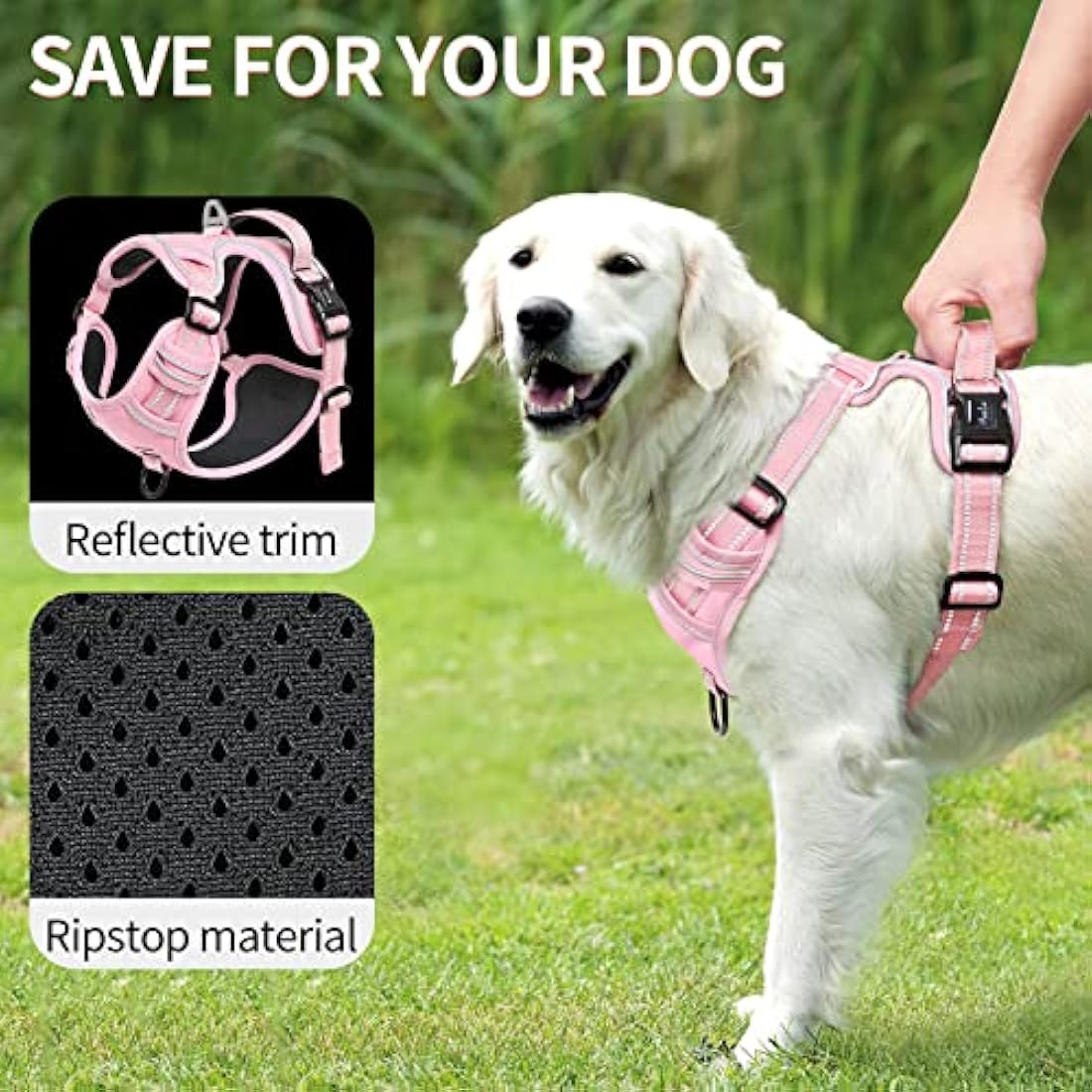 HEELE Dog Harness, Reflective Dog Harness, with Padded Handle Control, 2 Metal Rings, Harness for Small Medium and Large Dogs, Pink, L