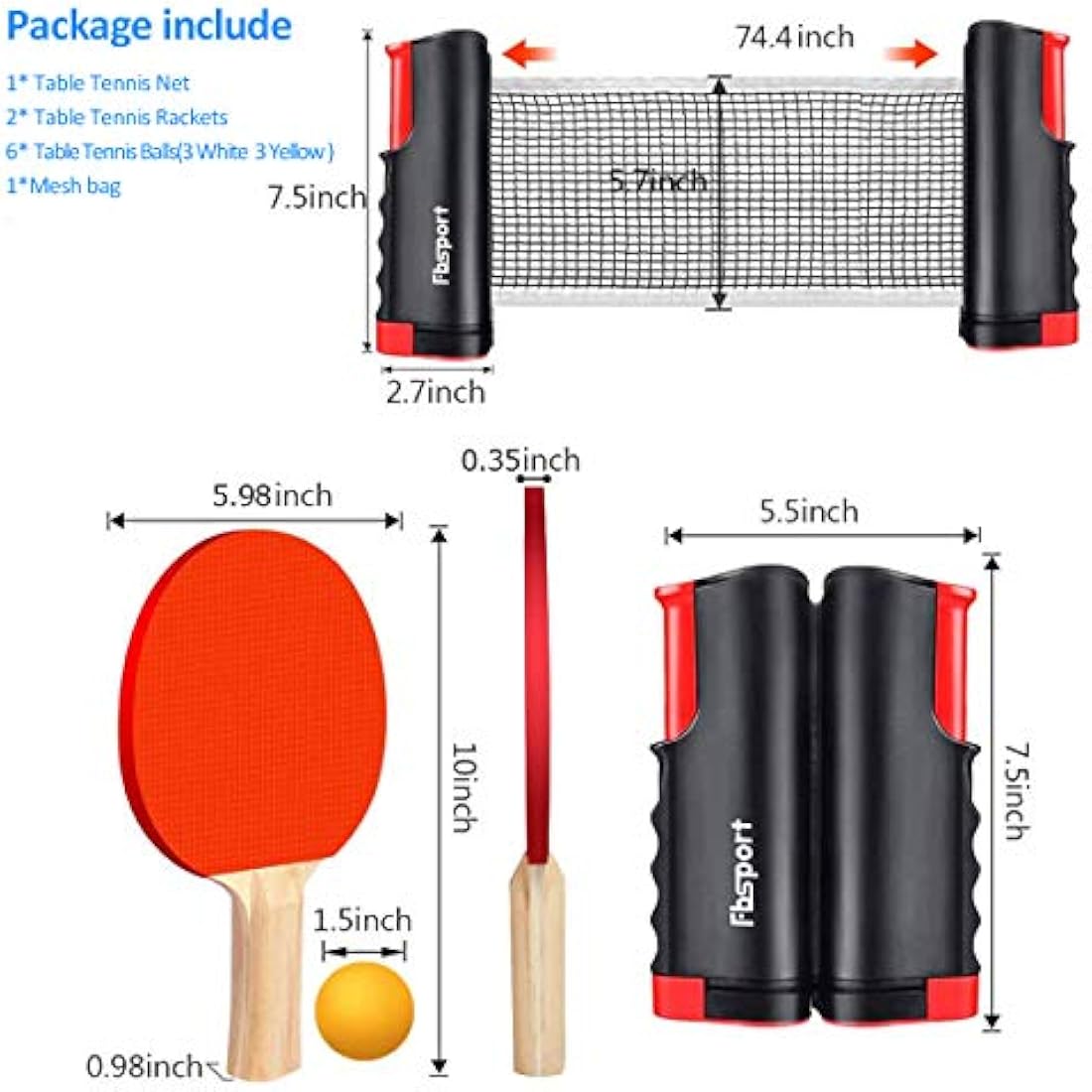 FBSPORT Table Tennis Set, Ping Pong Bats Set with 2 Paddles, 1 Retractable Net, 6 Balls, 1 Carrying Bag, for Trainer Adults Families Indoor Outdoor