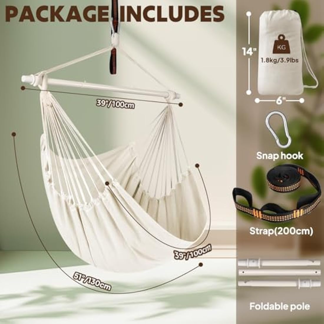 Chihee Hammock Chair Swing Chair Strong Metal Collapsible Spreader Bar Portable Hanging Chair Max 330 lbs Comfy Seat Patio Lawn Chair Cotton Blended for Superior Comfort Durability Indoor Outdoor