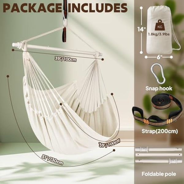 Chihee Hammock Chair Swing Chair Strong Metal Collapsible Spreader Bar Portable Hanging Chair Max 330 lbs Comfy Seat Patio Lawn Chair Cotton Blended for Superior Comfort Durability Indoor Outdoor