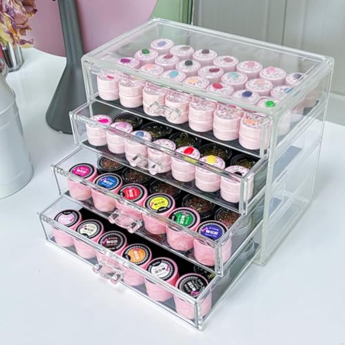 Guolich 4 Tier Nail Art Decoration Storage Box Transparent Acrylic Nail Art Jewelry Accessories Storage Box Rack Shelf Display Stand Holder for Cosmetic Jewelry
