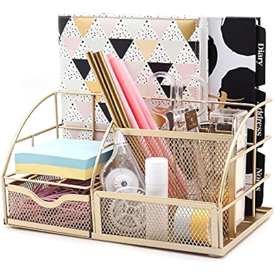 EXERZ Desk Organiser/Mesh Desk Tidy Caddy/Pencil Holder Multifunctional with 7 Compartments - Gold