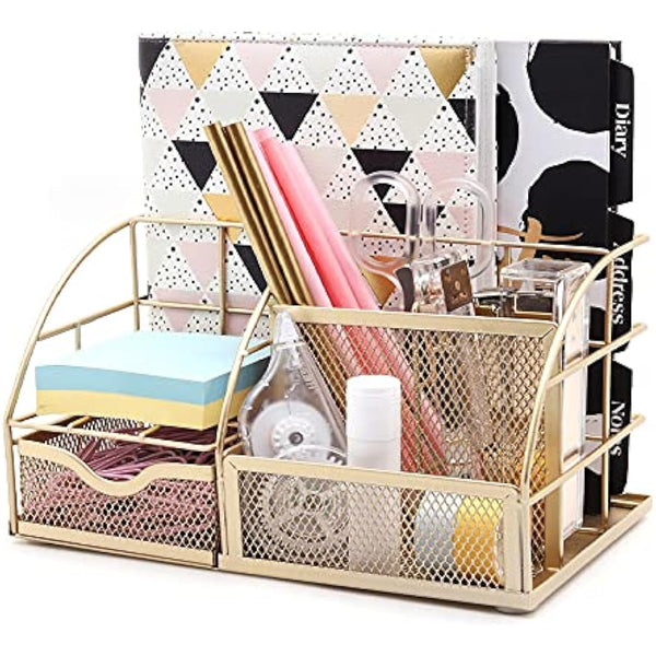 EXERZ Desk Organiser/Mesh Desk Tidy Caddy/Pencil Holder Multifunctional with 7 Compartments - Gold