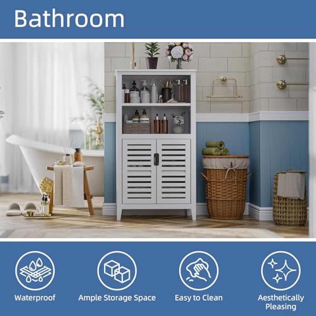 HITNET Bathroom Floor Storage Cabinet, Bamboo Freestanding Kitchen Organizer Rack with Double Doors and 2 Removable Shelves, White