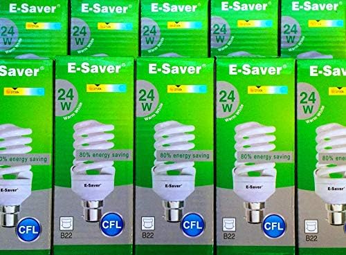 E-Saver - CFL Full Spiral - Energy Saving Light Bulbs - 24w = 120 Watt - (Pack of 10) - Warm White 2700k - Bayonet Cap (BC- B22- B22d)