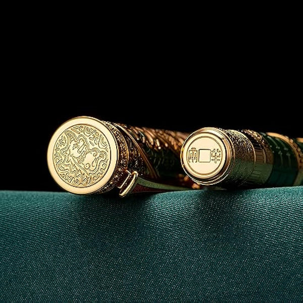 Hong Dian D5 Qin Dynasty Fountain Pen - Green Gold, Extra Fine Point, Piston Filler, Chinese Totem Retro Engraved Soft Writing Pen Set