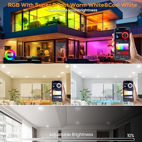 ALUSSO 4 Pack LED Ceiling Light,6W RGB WiFi Recessed Downlights Dimmable, IP44 Spotlights 3000K-6500K,APP Control for Bedroom,Kitchen,Living Room
