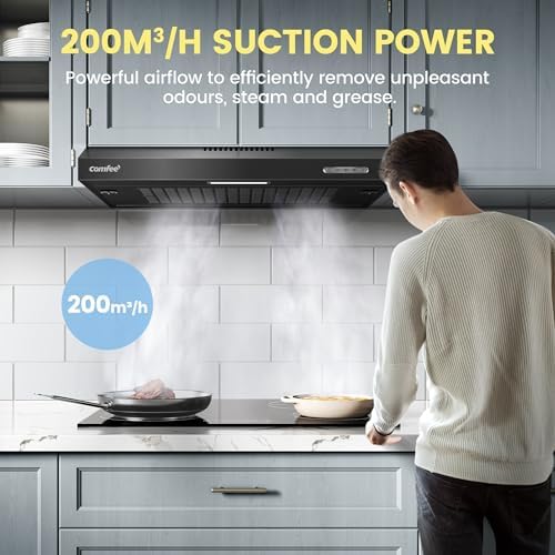 COMFEE' 60 cm Visor Cooker Hood SLIF17B-60 LED Extractor Hood Under Cabinet Hood Wall Mounted Extractor Fan 600 mm Top Vented Range Hood - Black KWH-SLIF17B-60