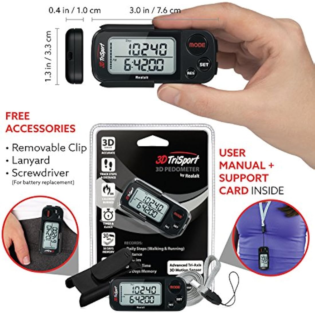 3DTriSport Walking 3D Pedometer with Clip & Strap, eBook Included | 30 Days Memory, Accurate Step Counter, Walking Distance Miles/Km, Calorie Counter, Daily Exercise Time Monitor