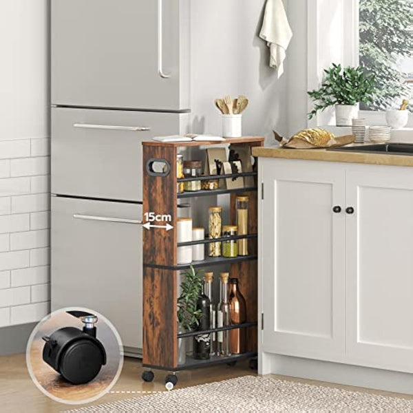HOOBRO Slim Storage Trolley, Narrow Kitchen Cart for Small Space, Slide Out Kitchen Trolley on Wheels, 4-Tier Rolling Utility Cart with Handle, Bathroom, Living Room, Rustic Brown EBF15TC01