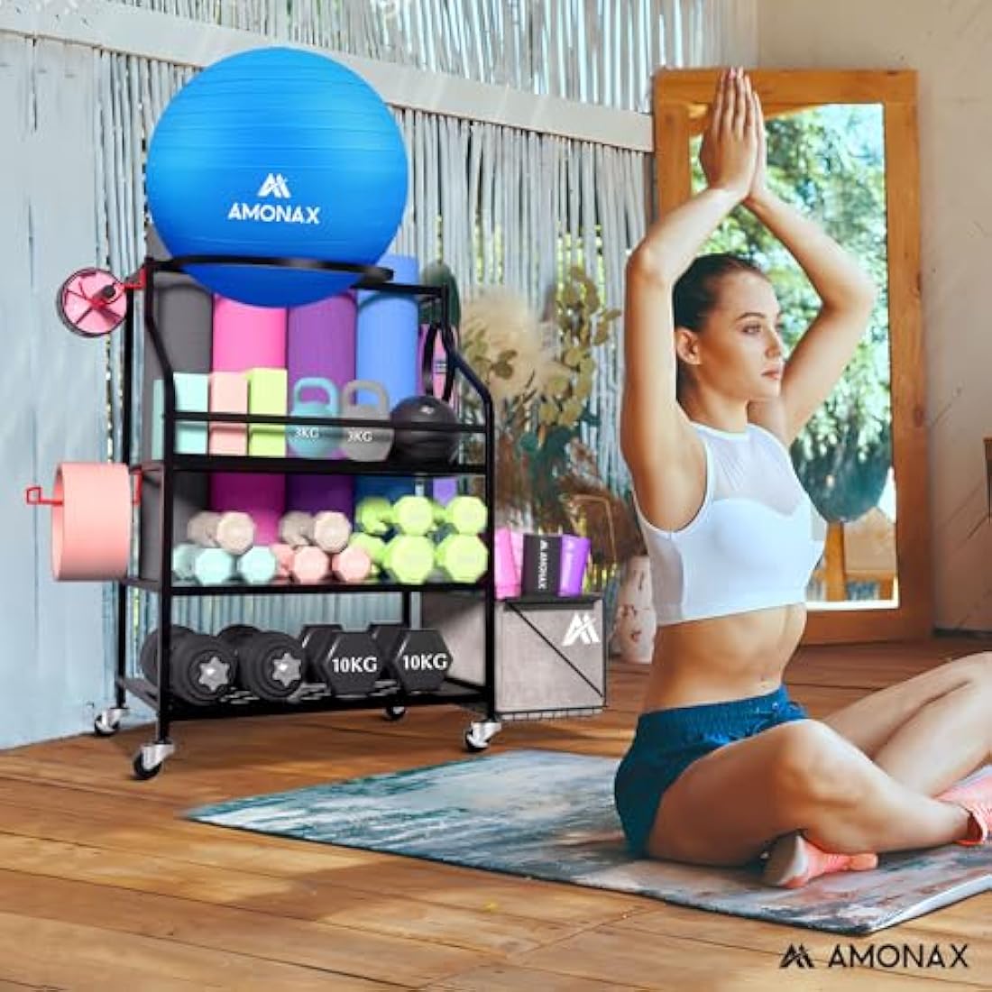 Amonax Home Gym Storage Dumbbell Rack, Weight Stand Kettlebell Rack Yoga Mat Holder Rack for Barbell Pad Resistance Band Foam Roller, Fitness Accessories Organizer Workout Equipment for Women