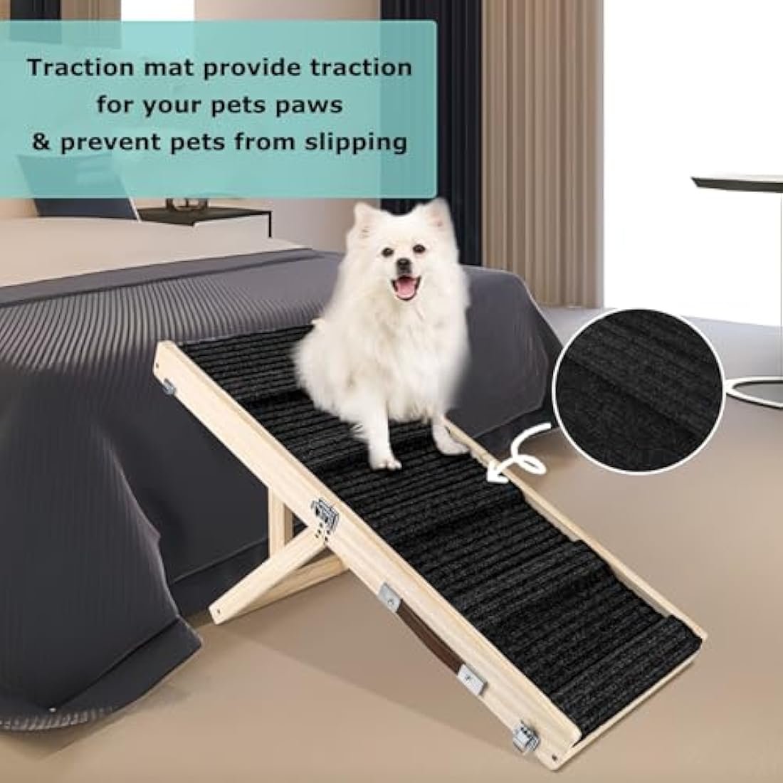 Umtiti Wooden Folding Portable Pet Ramp. 4 Levels Adjustable 9" to 17.3" with Non-Slip 5 Paw Traction Mat for Small Medium Doggie.Dog Ramps-BK,UK