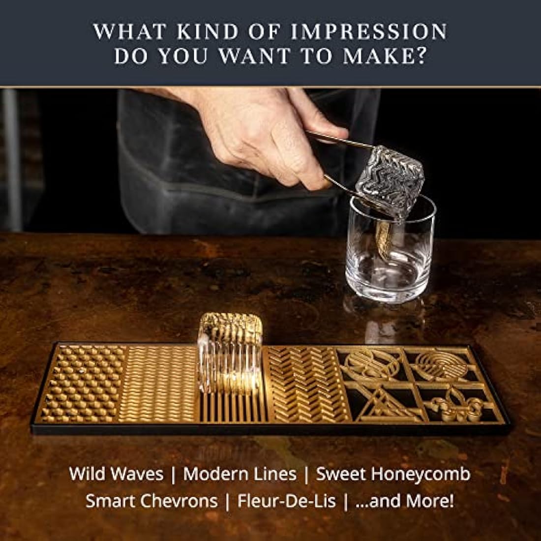 Ice Designer Tray – Craft Modern Ice Molds for Whiskey, Bourbon, & Cocktails in 5 Seconds – Whiskey Ice Mold Ice Cube Stamp – Bartender Accessories for Clear Ice Cocktails by Ash Harbor (Patterns)