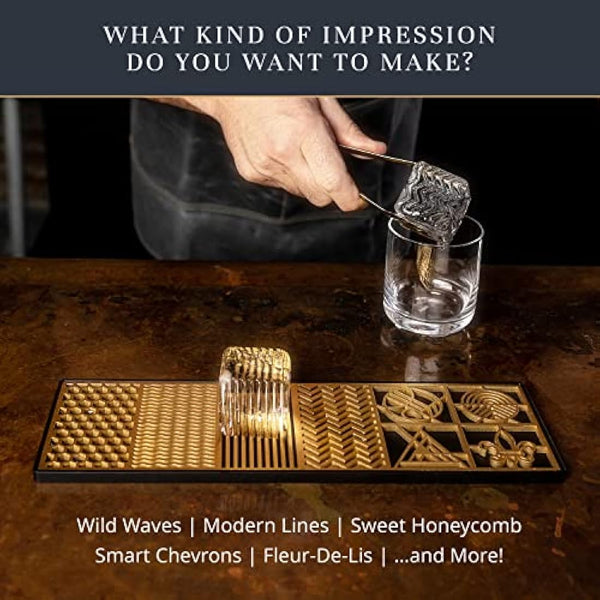 Ice Designer Tray – Craft Modern Ice Molds for Whiskey, Bourbon, & Cocktails in 5 Seconds – Whiskey Ice Mold Ice Cube Stamp – Bartender Accessories for Clear Ice Cocktails by Ash Harbor (Patterns)