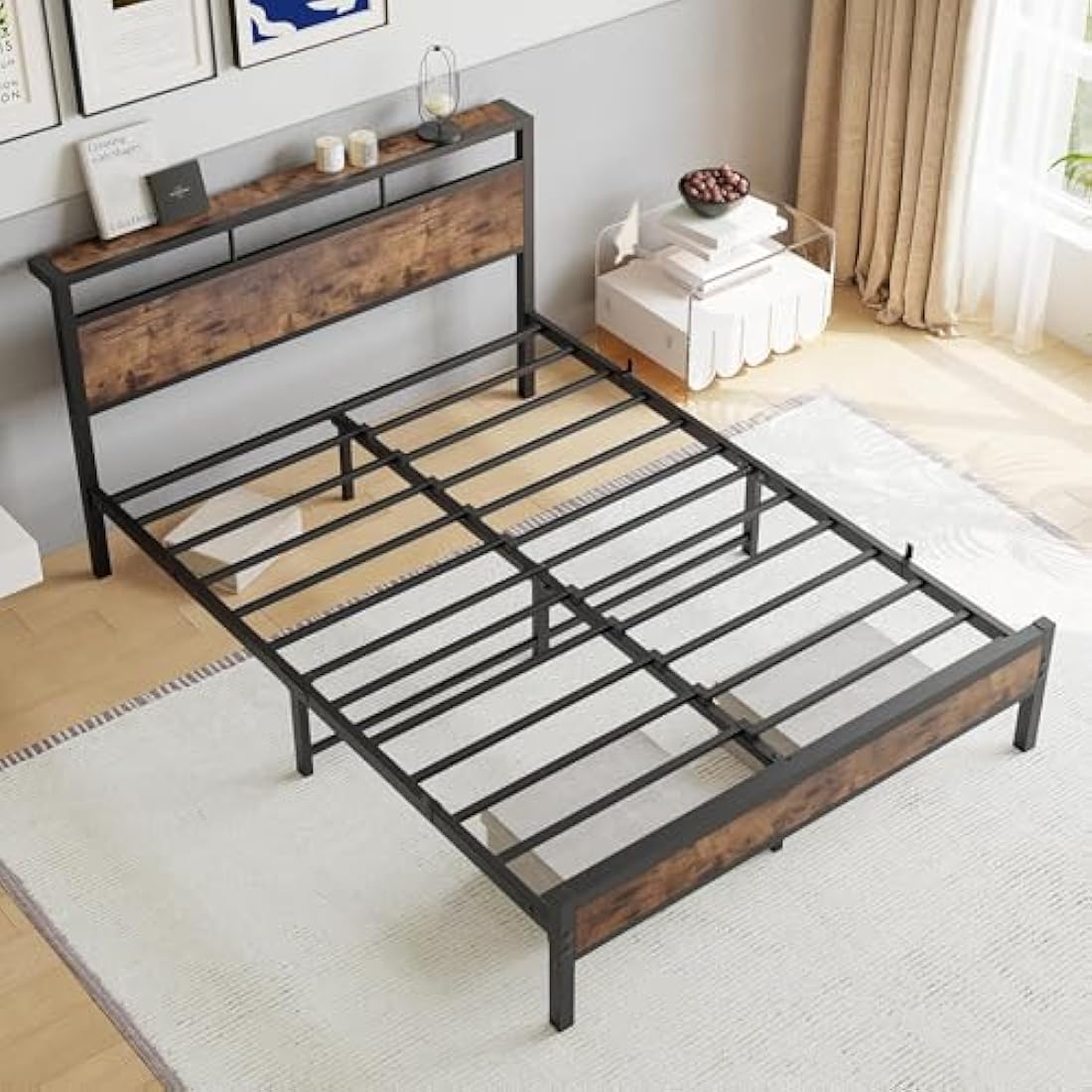 JELUTE King Bed Frame with Wooden Storage Shelf Headboard, Metal Platform Bed Frame, No Box Spring Needed, Noise Free, Reinforced Strong Support Leg, Black
