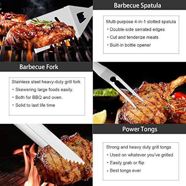 ROMANTICIST 29pcs BBQ Grill Tool Set for Men Dad, Heavy Duty Stainless Steel Grill Utensils Set, Non-Slip Grilling Accessories Kit with Thermometer, Mats in Aluminum Case for Travel, Outdoor Brown