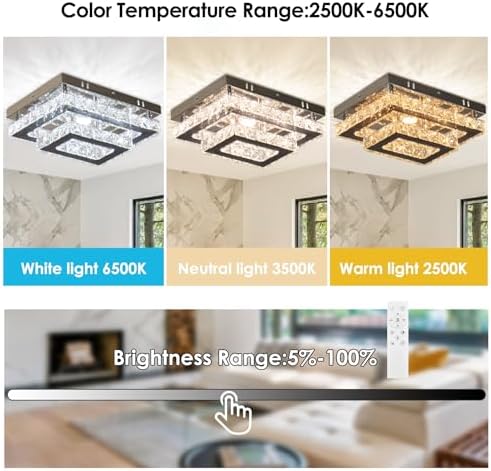 Finktonglan Crystal LED Ceiling Light Modern Rectangular Ceiling Lamp K9 Stainless Steel Flush Mount Chandelier Ceiling Lights Fixture for Living Room Bedroom Dining Room(Dimmable)