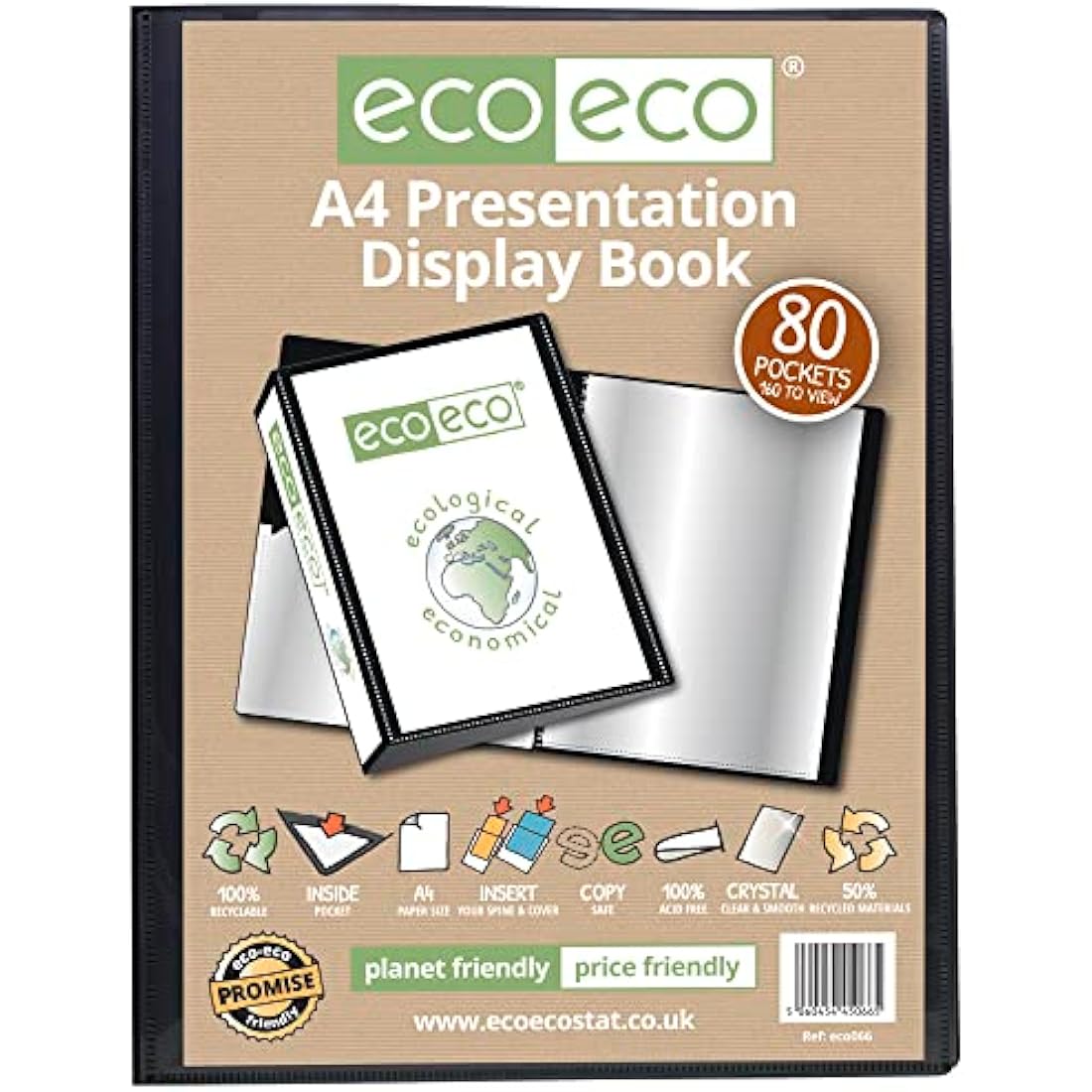 eco-eco A4 Size 50% Recycled 80 Pocket Black Presentation Display Book, Storage Case Portfolio Art Folder with Plastic Sleeves
