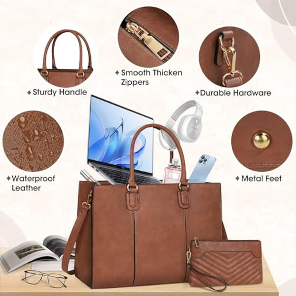 NEWHEY Laptop Bag for Women 15.6 Inch Large Work Tote Bag with Clutch Bag Designer PU Leather Briefcase Ladies Handbag with Laptop Pocket Messenger Shoulder Bag for School Office Travel Business