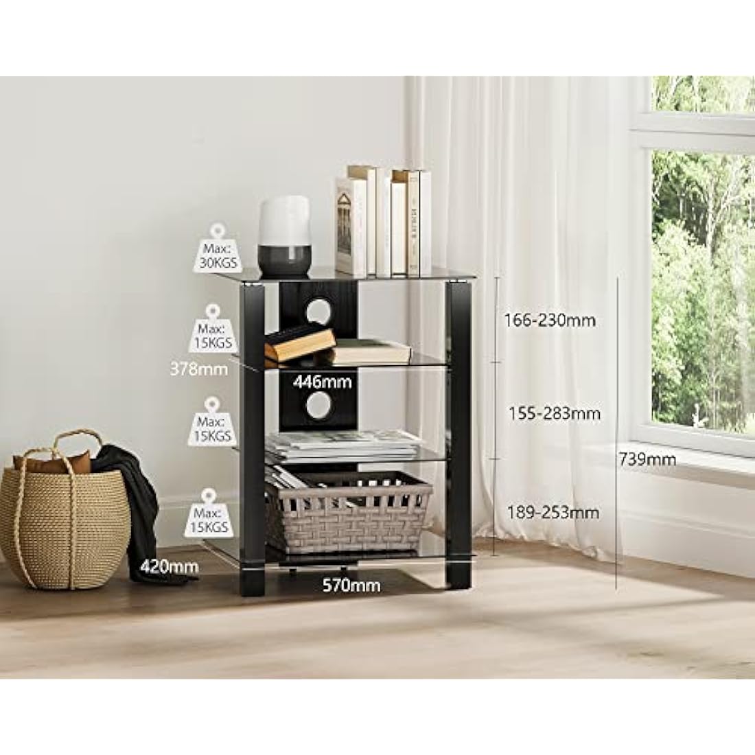 FITUEYES Hifi Stand 4 Tiers Glass TV Stand HIFI Rack Stand Cabinet with Cable Management
