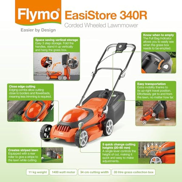 Flymo EasiStore 340R Electric Rotary Lawn Mower - 34 cm Cutting Width, 35 Litre Grass Box, Close Edge Cutting, Rear Roller, Central Height Adjust , Space Saving Storage Features