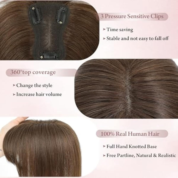 Hair Toppers for Thinning Hair Toppers for Women Real Human HairTopper with Fringe HairPieces for Women with Thinning Swiss Base 10Inch (4#)