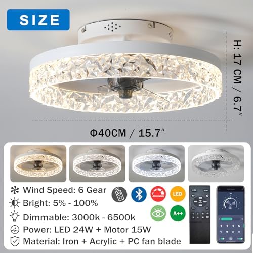Exlafi Quiet Modern Ceiling Fans with Lights and Remote Control, LED Dimmable Fan Lamps for Bedroom and Living Room, Reversible with 6 Speeds (White, 40CM)