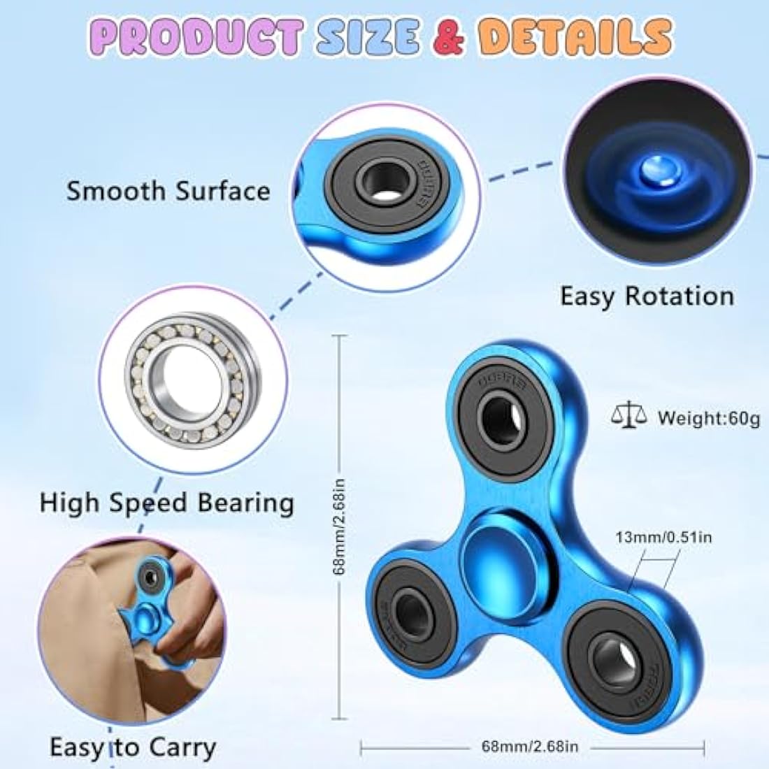 Aolcev Fidget Spinner Metal Fidget Toy Stainless Steel Fast Bearing 2-5 Minutes Spins Hand Spinner Tri Finger Gyro Toy EDC ADHD Focus Anxiety Stress Relief Toys Gifts for Kids Adults-Blue