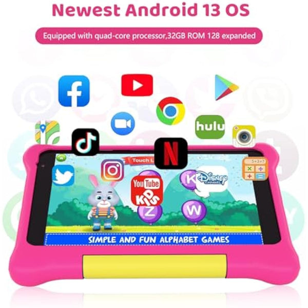 Ainmel Kids Tablet 7 inch, Android 13 Tablets for Kid, 5GB RAM+32GB ROM 128GB Expand, Parental Control, Kids Software Pre-Installed, Dual Camera, Android Learning Tablet with Proof Case (Pink)