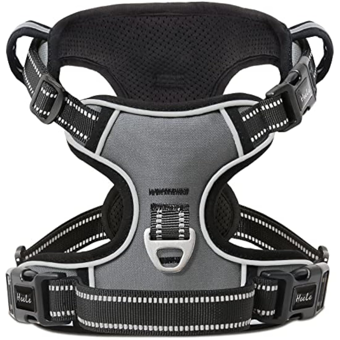 HEELE No Pull Dog Harness, Ex-Large, Release on Neck, Reflective, Adjustable with Front Back 2 Leash Attachments and Soft Padded Control Handle for Walking Training, Grey, XL