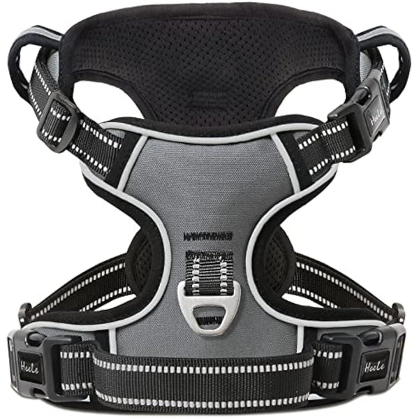 HEELE No Pull Dog Harness, Ex-Large, Release on Neck, Reflective, Adjustable with Front Back 2 Leash Attachments and Soft Padded Control Handle for Walking Training, Grey, XL