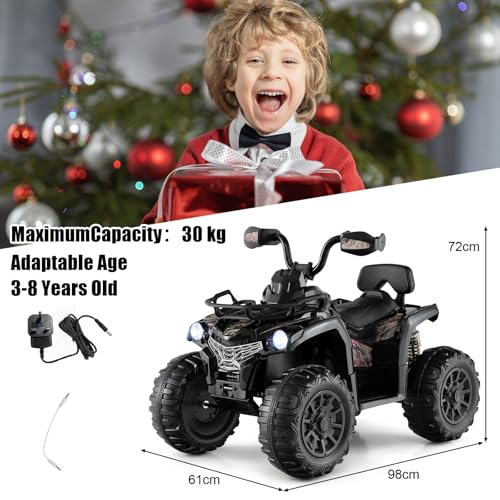 COSTWAY 12V Electric Kids Quad Bike, Battery Powered Ride on Car ATV with Head lights, Music, MP3, Storage Basket, Backward Function, for Boys and Girls Aged 3-8 Years (Black)