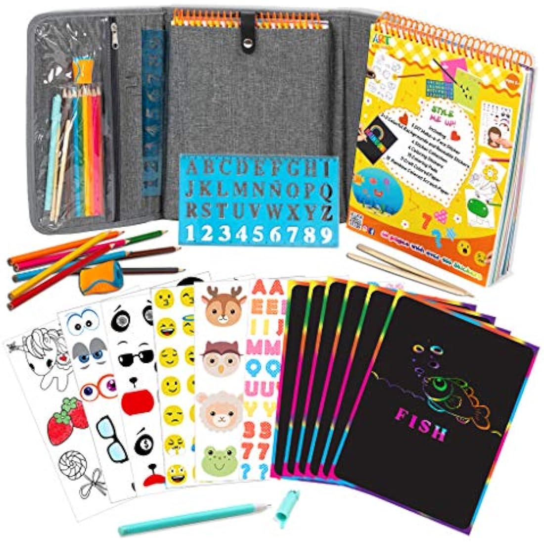 Activity Book for Girls and Boys - Premium Case Includes Large 60-page - 420 Stickers, Rainbow Scratch Papers, Reusable Stickers, Coloring Pencils, Numbers and Letters Stencil - Educational Toys Gift