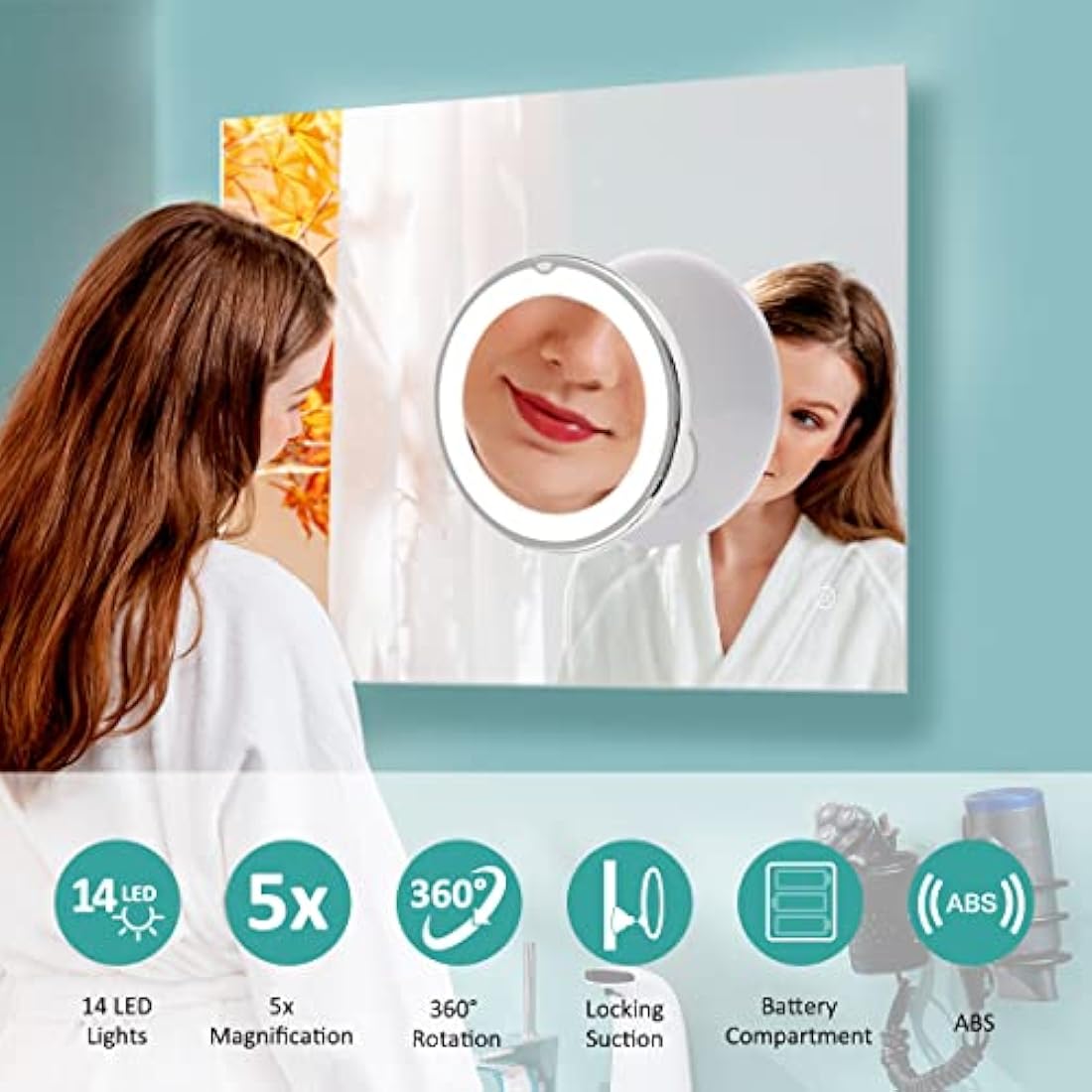 EMKE 5X Magnifying Shaving Mirror with Light, LED Travel Makeup Mirror with Locking Suction Mount | 360° Swivel | Cool Light | Battery, Portable Illuminated for Bathroom, 175mm (UCM03BTMX1W)