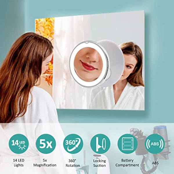 EMKE 5X Magnifying Shaving Mirror with Light, LED Travel Makeup Mirror with Locking Suction Mount | 360° Swivel | Cool Light | Battery, Portable Illuminated for Bathroom, 175mm (UCM03BTMX1W)