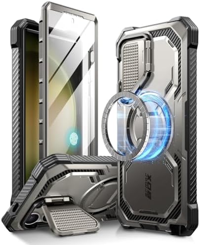 i-Blason Armorbox for Samsung Galaxy S24 Ultra Case MagSafe with Camera Cover Stand [Support Wireless Charger] 360 Full-Body Case with Screen Protector & Kickstand Phone Case for S24 Ultra, Gray