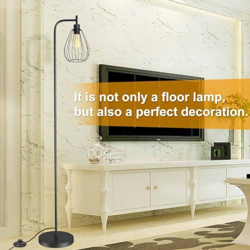 ArcoMead Industrial Floor Lamp, Black Standing Lamp Tall Pole Light with Teardrop Cage Head, Whole Metal Rustic Floor Lamp with Foot Switch for Bedroom, Living Room Farmhouse Office