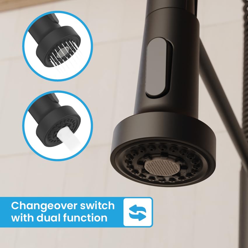 Bächlein Kitchen Faucet 360 Degree Swivel (Brushed Stainless Steel) - One-Hand Sink Mixer with Flexible Neck and Shower with Switch Button, Kitchen Faucet with Magnetic Holder